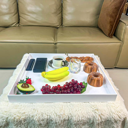White Rectangular 14x20 Inches Acrylic Ottoman Tray Decorative Serving Tray with Cutout Handles Organizer Tray on Coffee Table Countertop Big Breakfast Bed Tray Living Room Appetizer Serving Food