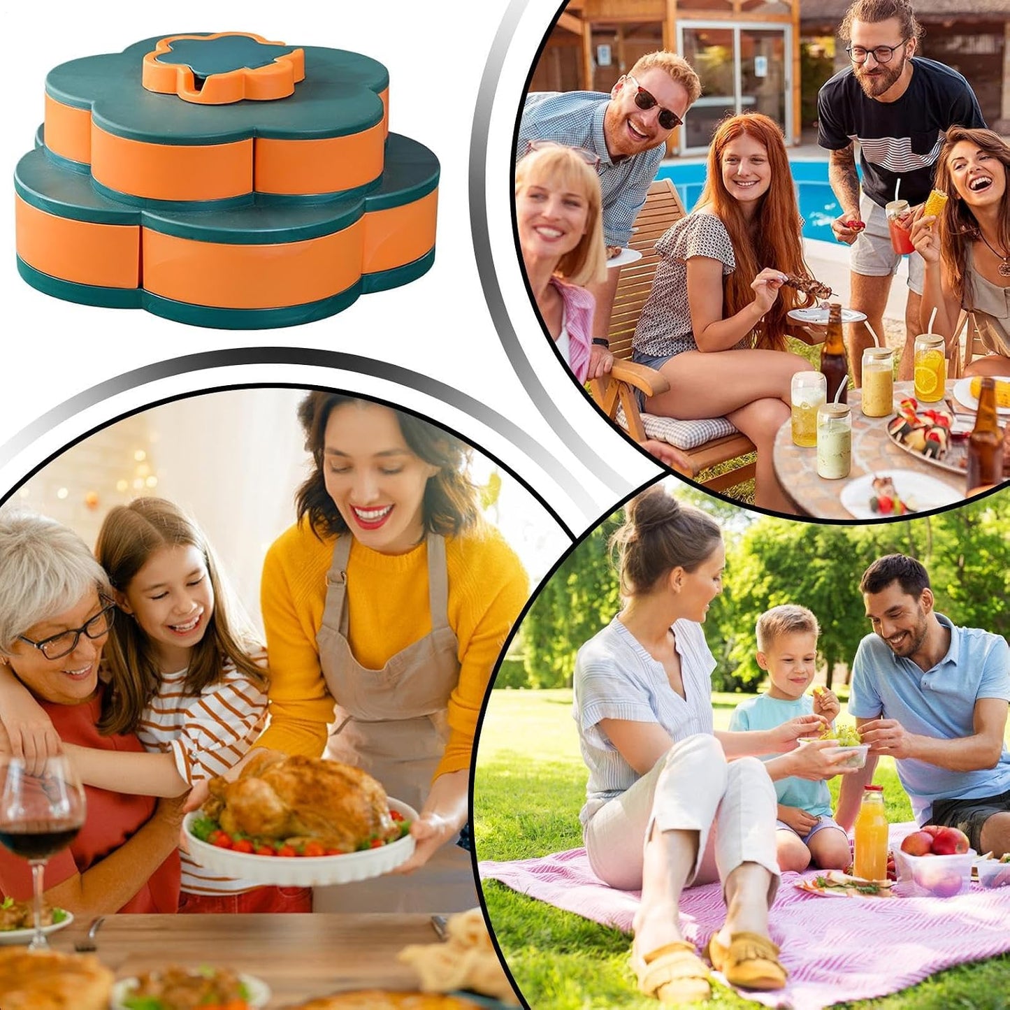 Rotating Snack Tray with Double Layer Flower Shape Design, Sectioned Candy and Nut Storage Container with Lid, 360 Degree Rotating Snack Box Organizer for Party Appetizers Dips Home Kitchen Picnic
