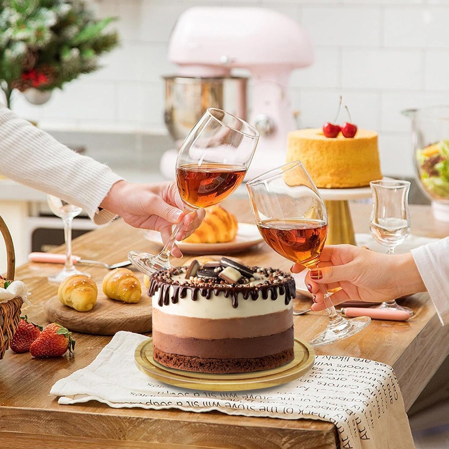 cutesun Cake Stand with Lid, 10.8'' Shatterproof Acrylic Dome (Not Glass), 11.8'' Rotating Acacia Wood Cake Display Stand for Wedding Birthday Party Dessert