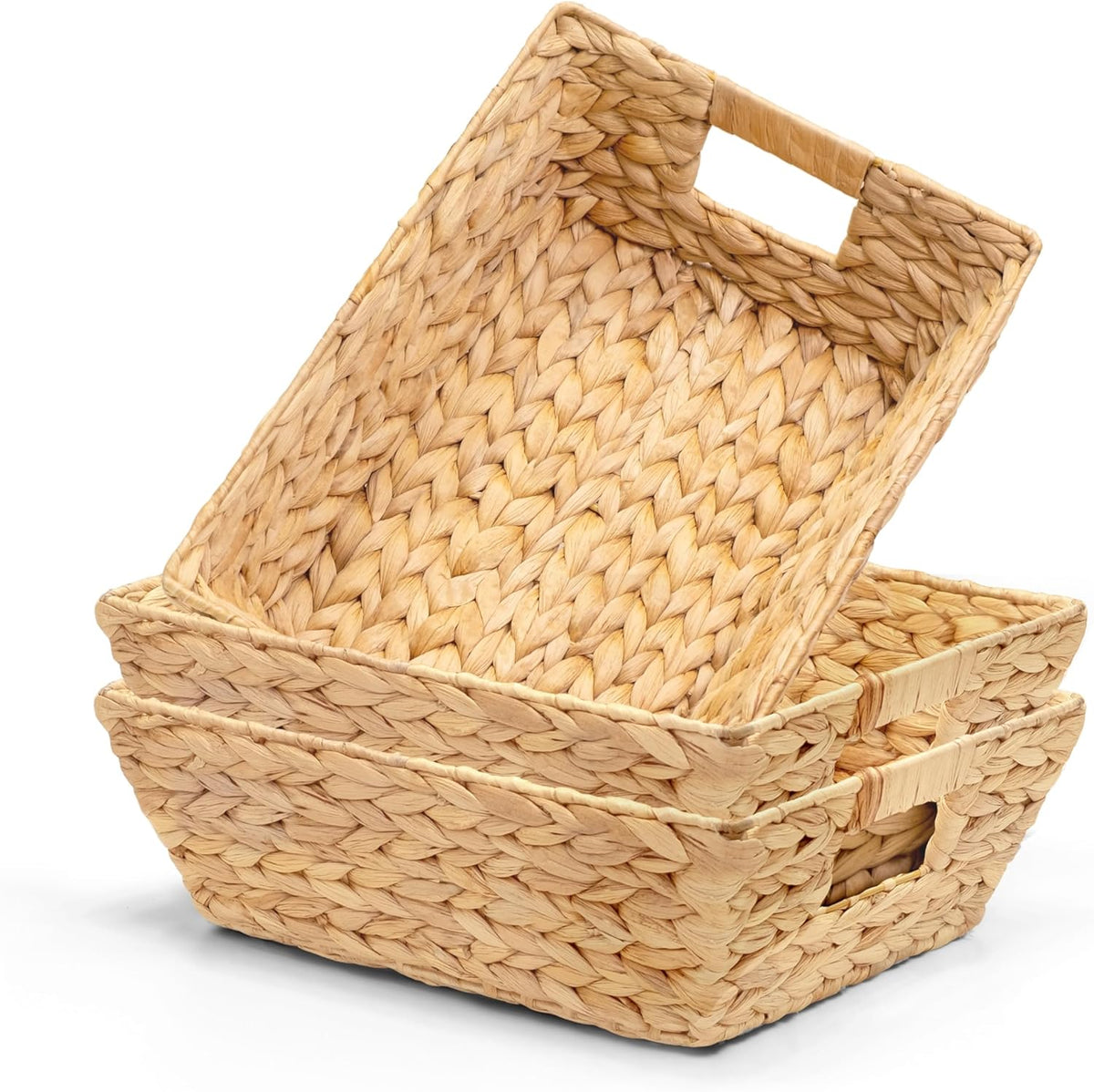 M4DECOR Set of 12 Water Hyacinth Wicker Storage Baskets for Shelves – Woven Snack Baskets for Organizing Pantry, Closet – Natural Storage Bins with Handles (12 Packs)