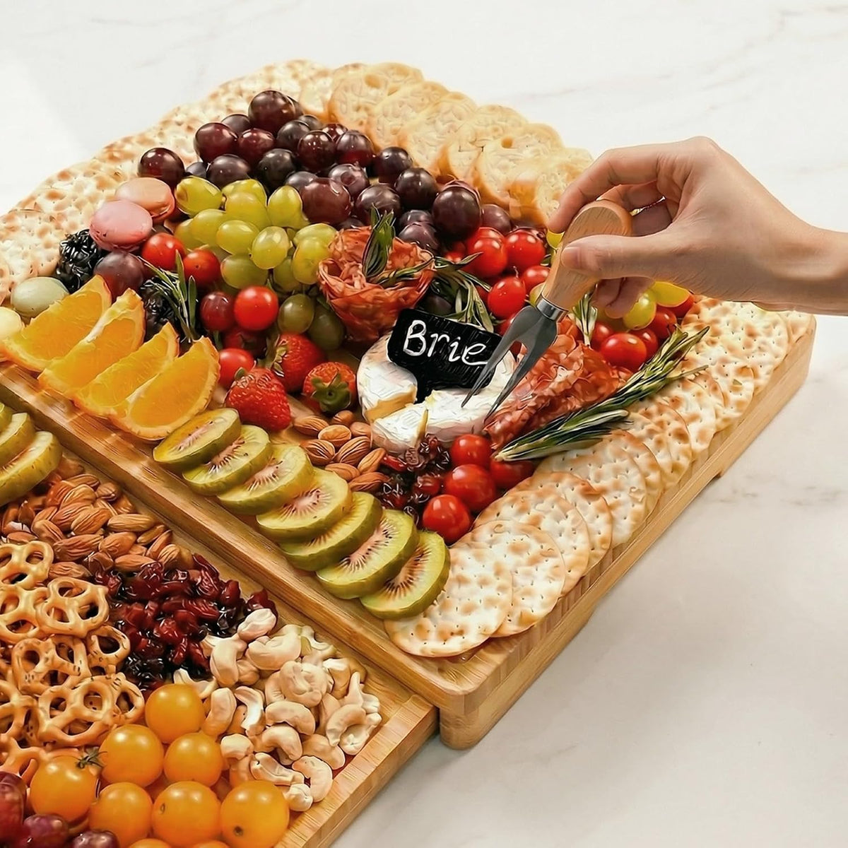 Extra Large Bamboo Charcuterie Board, 3-Layer Pull-Out Cheese Trays