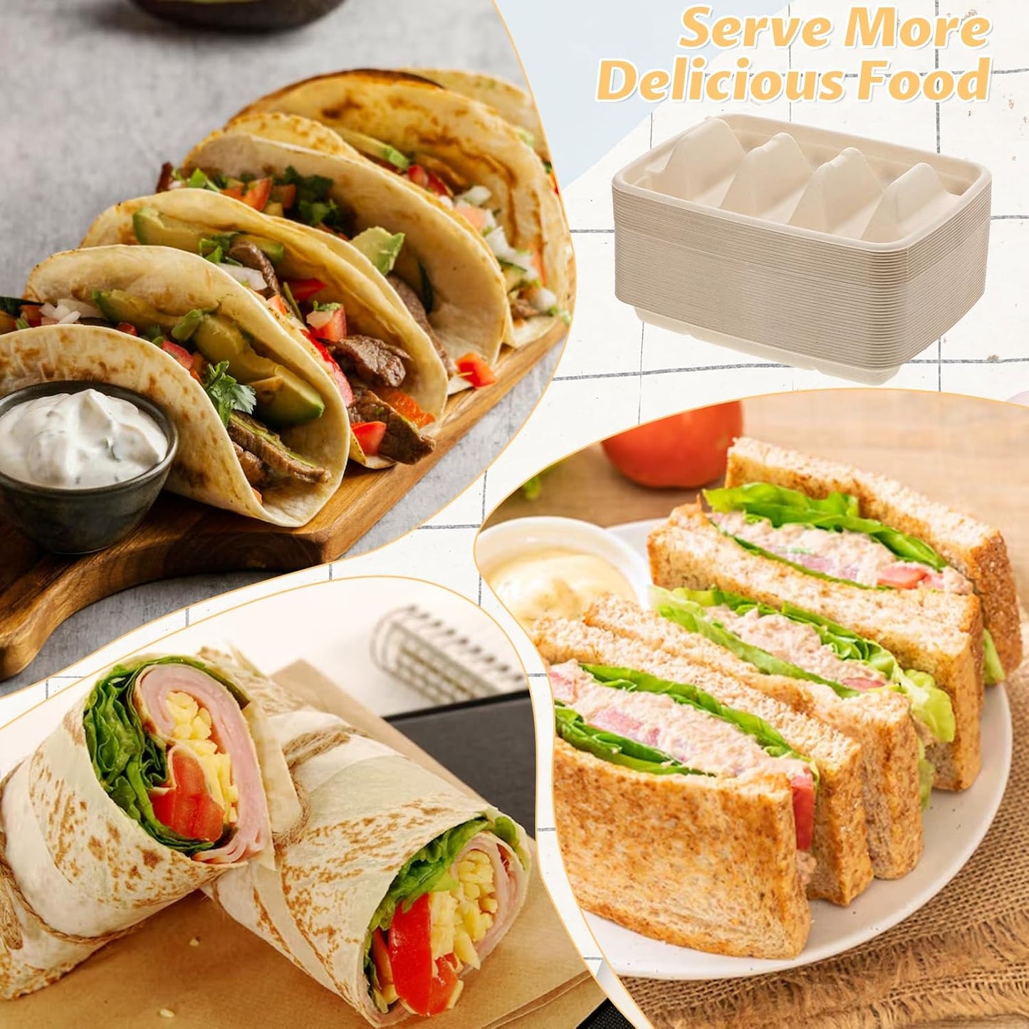 150Pcs Disposable Taco Holders for Party, Premium Bagasse Pulp Taco Plates, Taco Plates with 3 Dividers, 3-Slot Taco Tray Holder, Taco Bar Serving Set for Party Taco Tuesday Hot Dog Sandwich