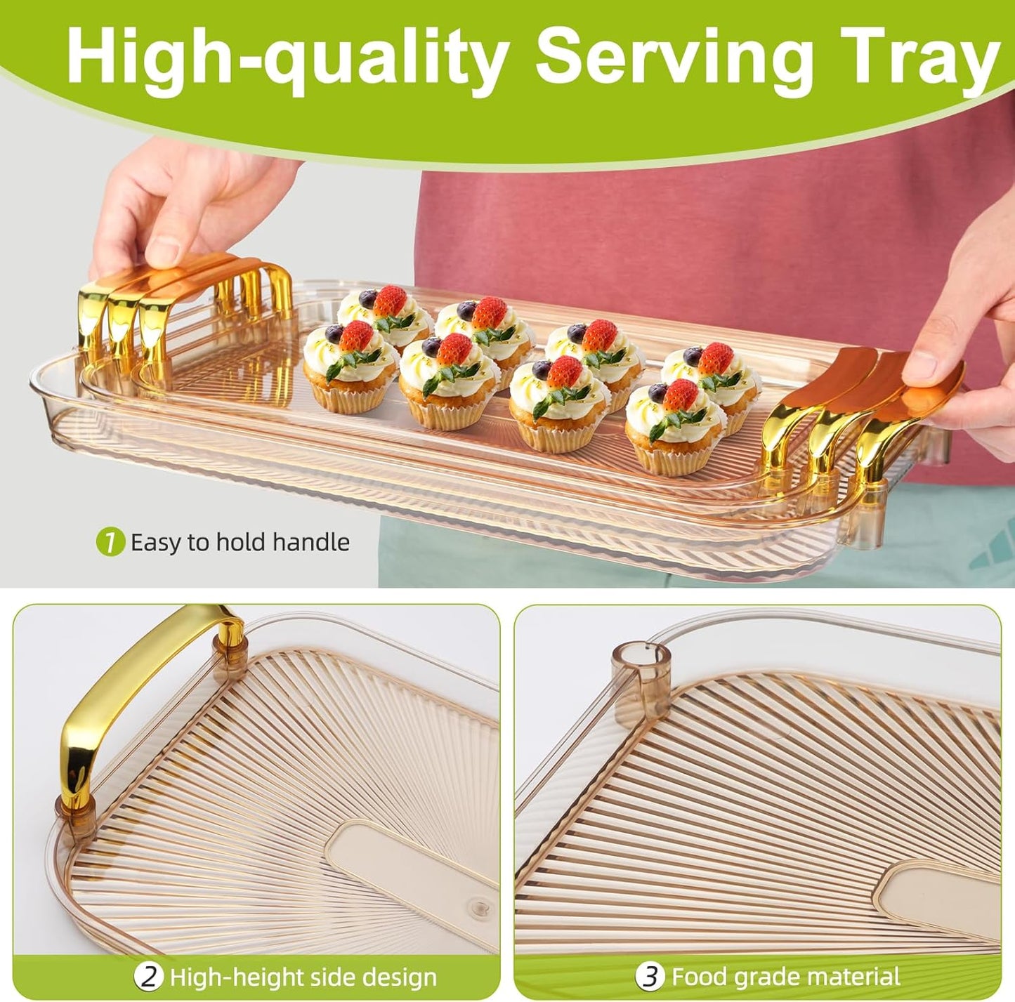 3 Pack Serving Tray with Handles, Stackable Reusable Trays for Serving Food, Plastic Serving Platters for Party, Charcuterie, Fruit, Appetizer, Amber Gold