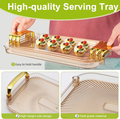 3 Pack Serving Tray with Handles, Stackable Reusable Trays for Serving Food, Plastic Serving Platters for Party, Charcuterie, Fruit, Appetizer, Amber Gold
