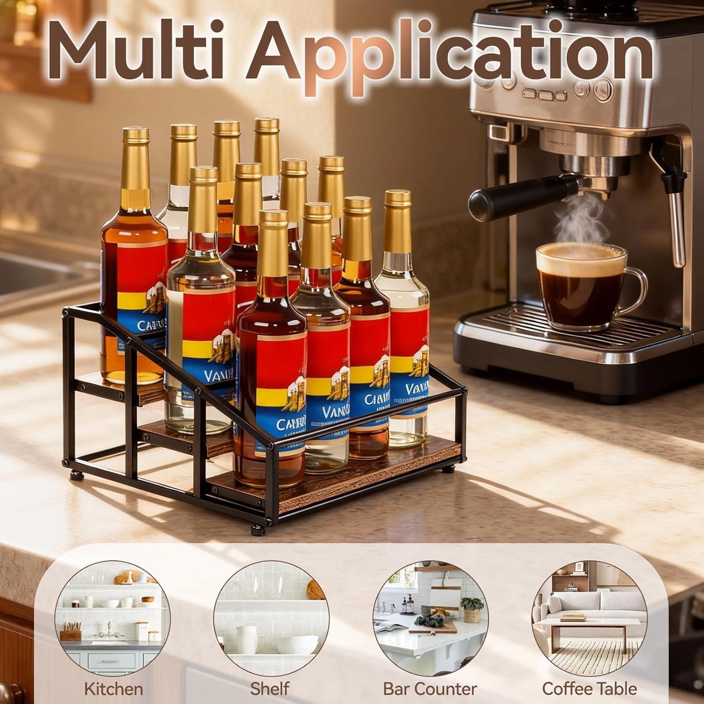 kimilus Coffee Syrup Organizer Rack, Liquor Bottle Display Shelf, 2 Tier 10 Syrup Bottles Holder Stand for Coffee Bar Kitchen Small Wine Rack for Family Storage for Syrup Wine Dressing