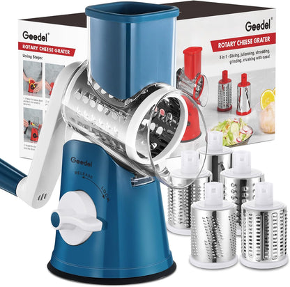 Geedel Rotary Cheese Grater, Kitchen Mandoline Vegetable Slicer with 3 Interchangeable Blades, Easy to Clean Rotary Grater Slicer for Cheese, Vegetables, Nuts