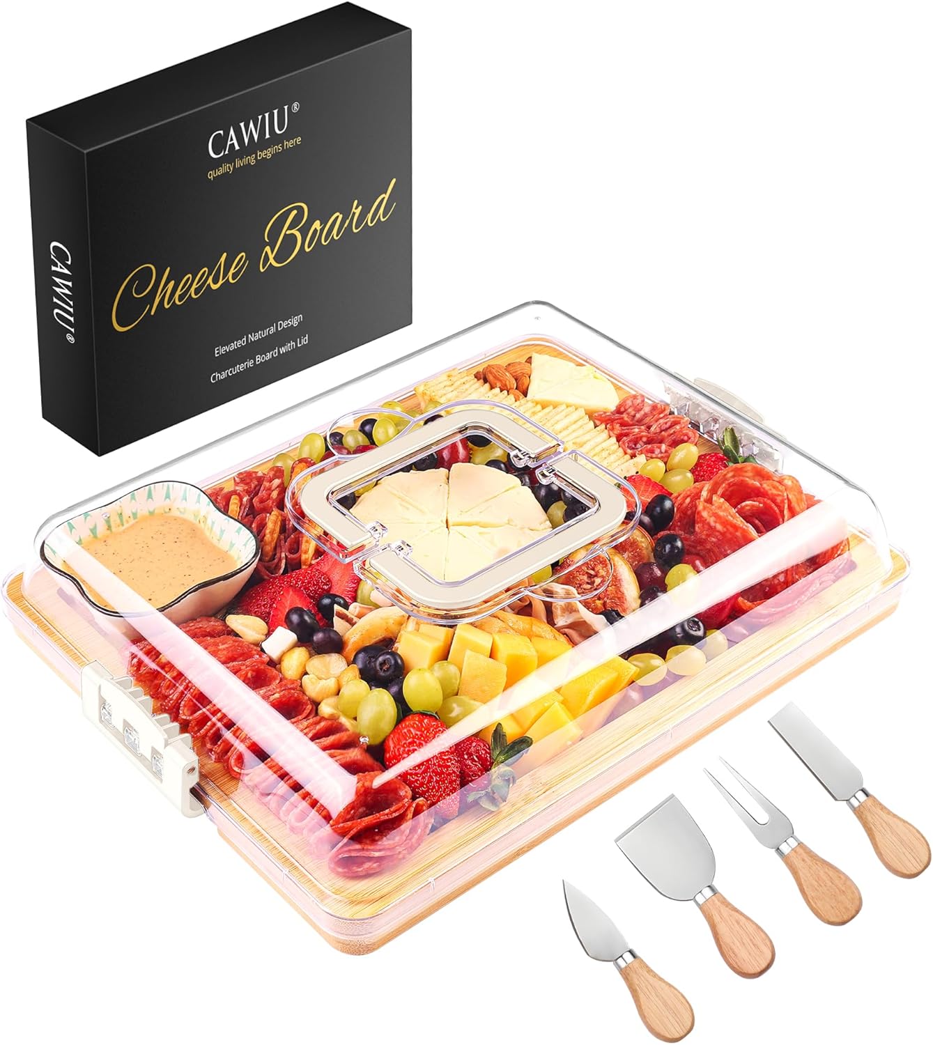 CAWIU Portable Travel Charcuterie Board with Lid and Handle - Large Bamboo Cheese Board with 4 Cheese Knife Set for Outdoor, Picnics - Weddings, House Warming Gift for Women (1 Compartment, White)