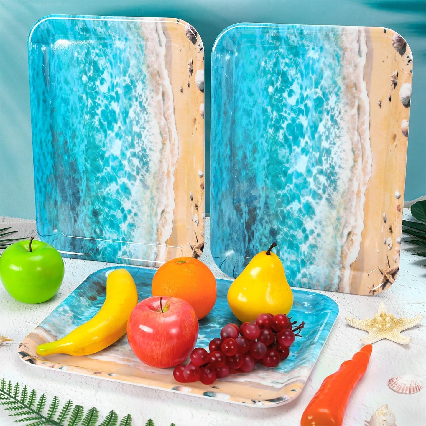 JarThenaAMCS 3Pcs Summer Beach Serving Trays Reusable Serving Dishes Ocean Wave Sand Seashell Starfish Platter for Outdoor Party Serving Food Snacks Fruits Dessert