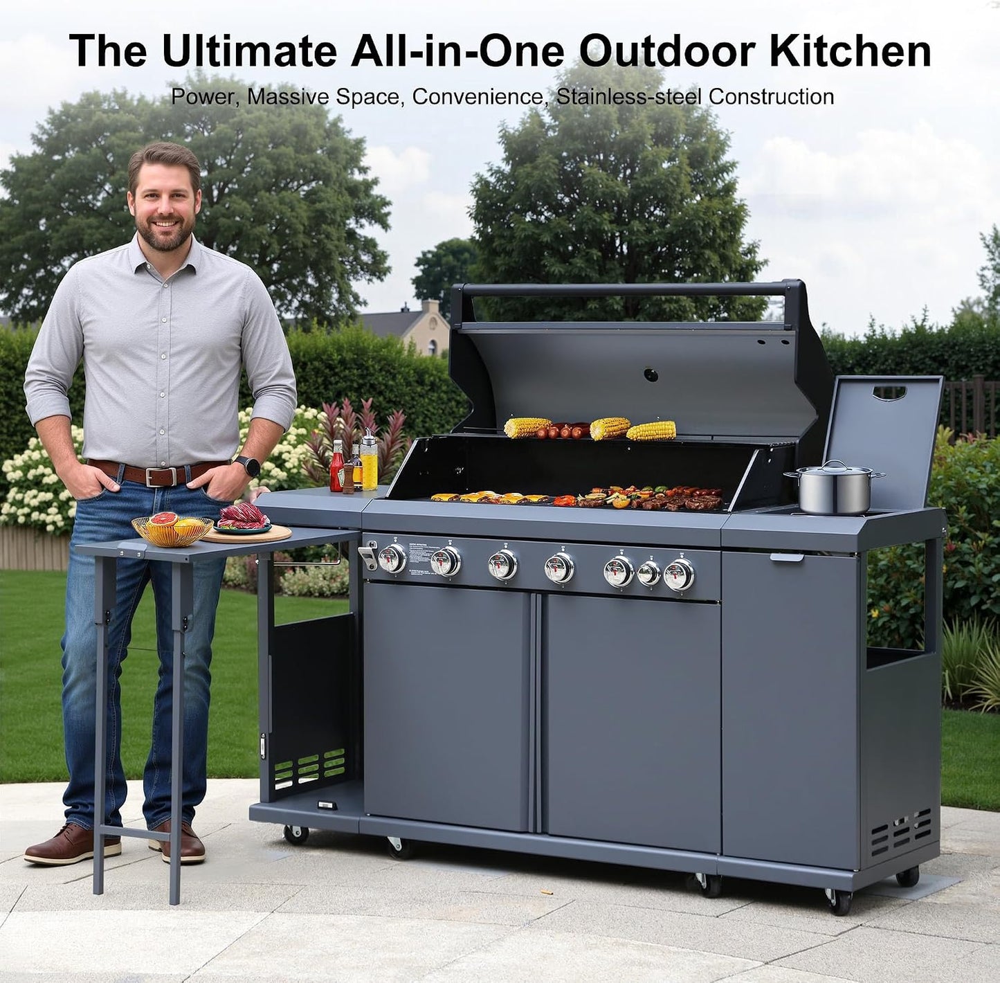Brand-Man 4-Burner Gas Outdoor Kitchen Grill Island with Side Burner - 44,000 BTU Stainless Steel BBQ Grill Station with Storage Cabinets, Fold-out Prep Table, LPG/NG Convertible, Black