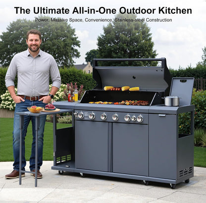 Brand-Man 4-Burner Gas Outdoor Kitchen Grill Island with Side Burner - 44,000 BTU Stainless Steel BBQ Grill Station with Storage Cabinets, Fold-out Prep Table, LPG/NG Convertible, Black