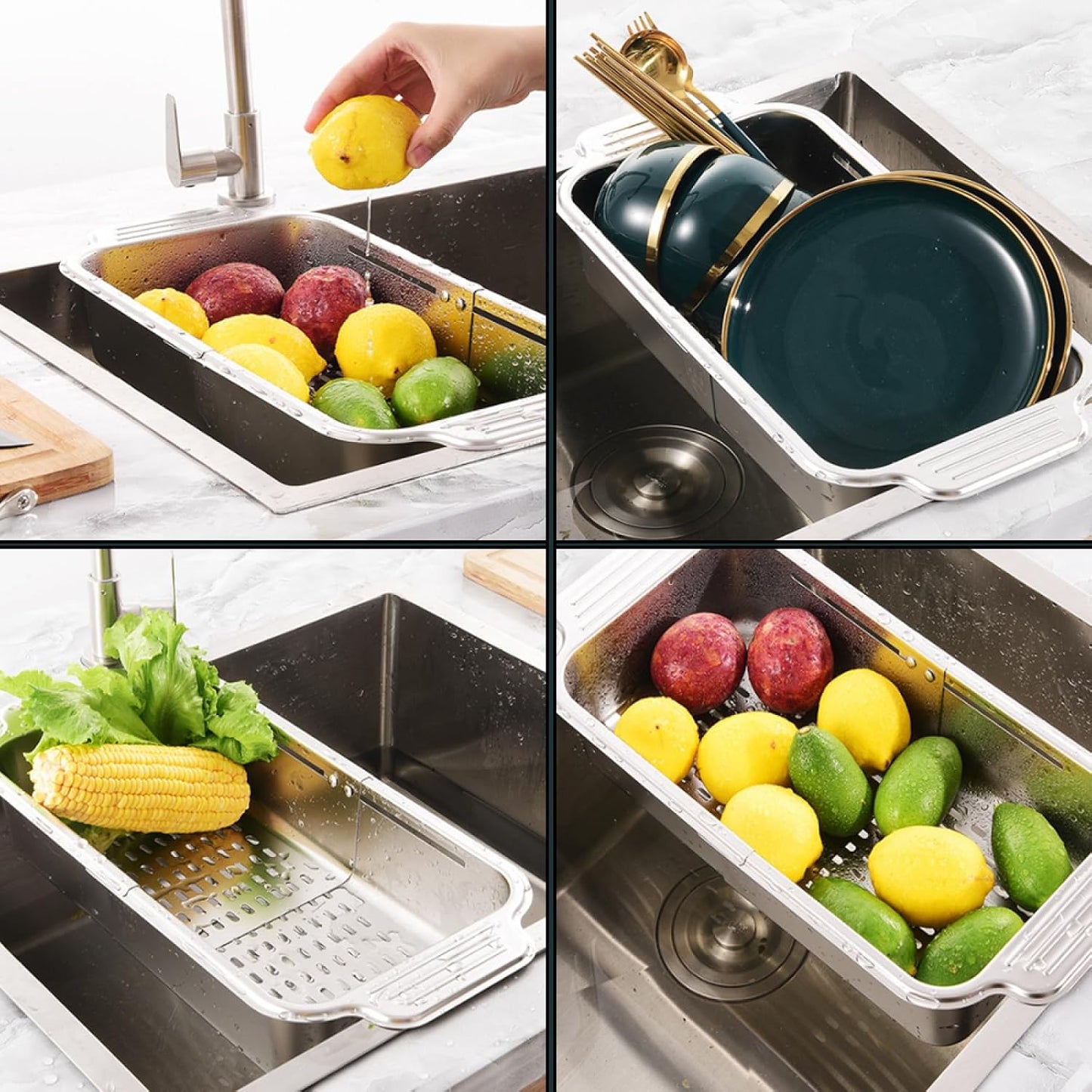 TopHomer Extendable Colander Strainer Over the Sink, Retractable Kitchen Sink Basket to Wash Vegetable and Fruit Food Strainer to Drain Pasta and Dry Dishes (S)