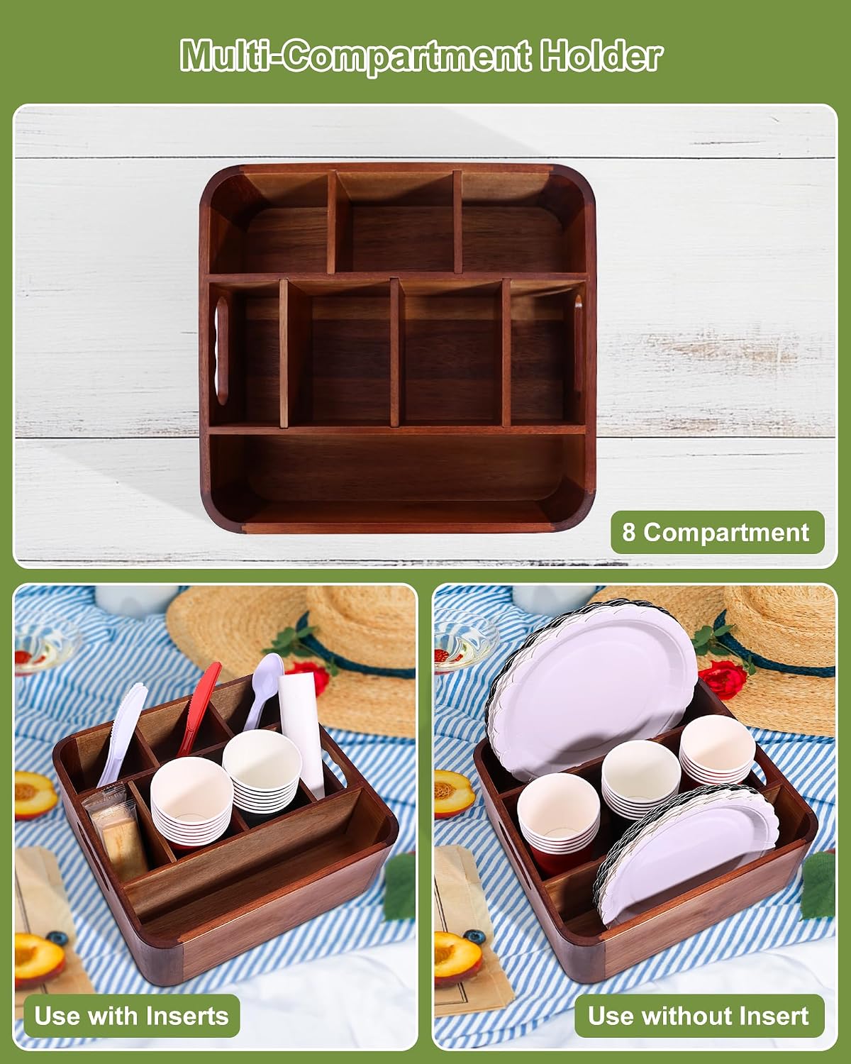 Acacia Wood Utensil Holder, Silverware Organizer Caddy with 4 Anti-Slip Pads, 5 Removable Dividers Utensil Organizer for Kitchen Counter, Party, and Picnic