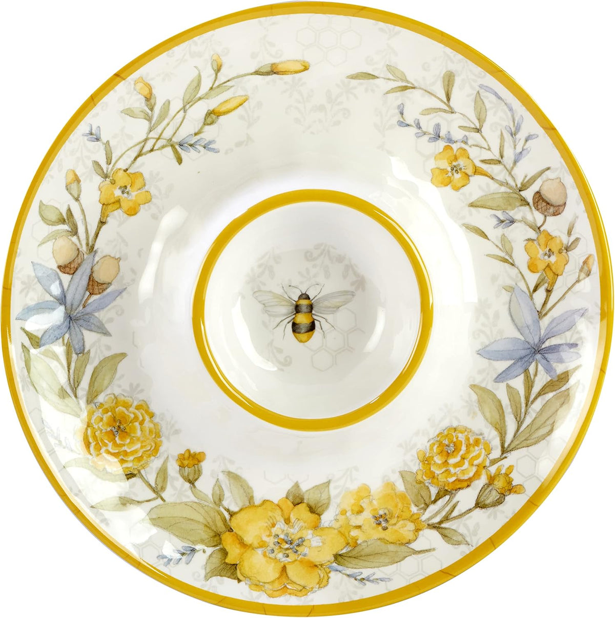 Bee Sweet 3-Piece Melamine Serveware Set – Includes 14.5" Chip & Dip, 14.5"x5.75" 3-Section Tray & 19"x8" Platter with Bee & Floral Designs for Spring Entertaining & Outdoor Dining