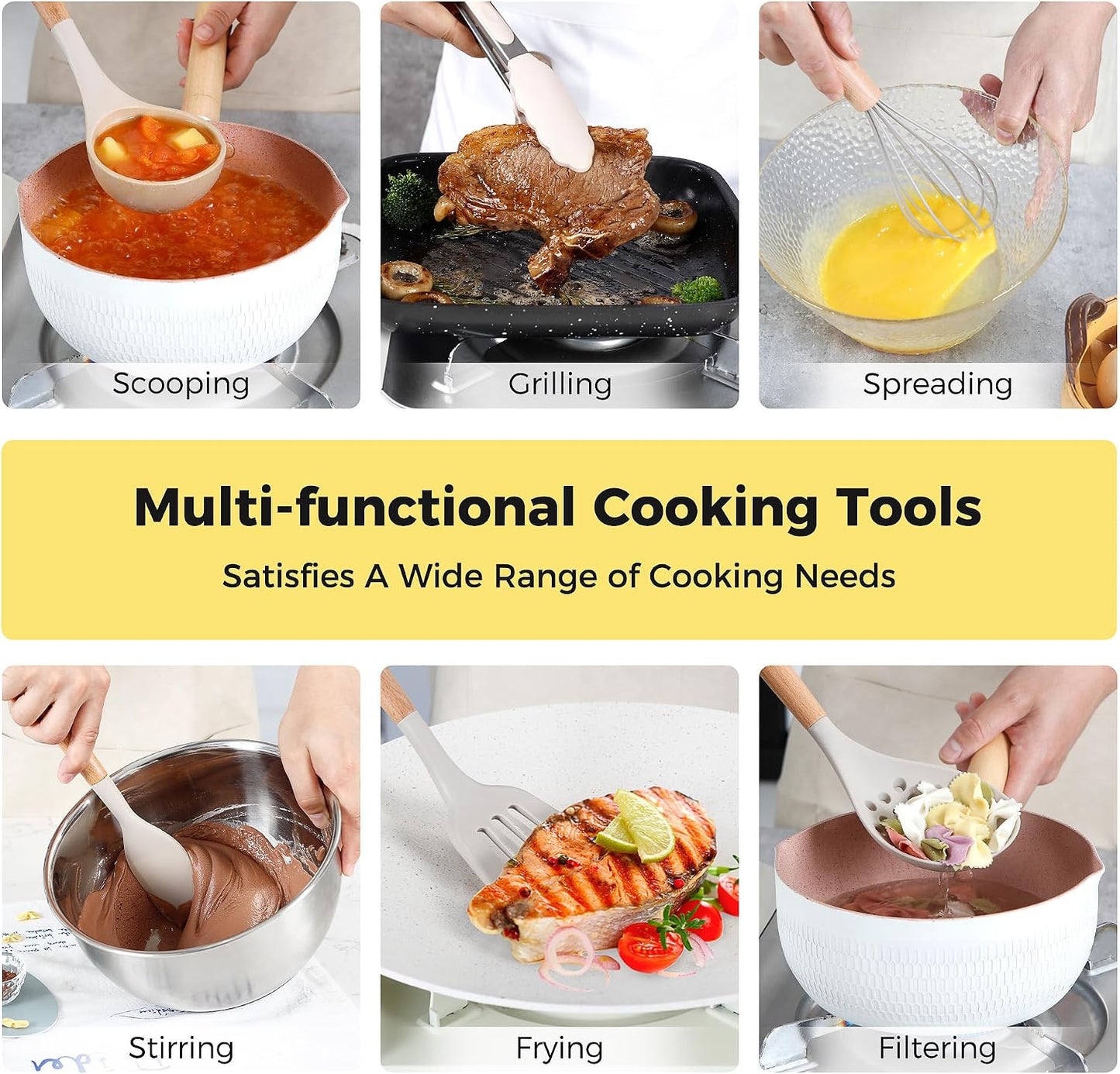 Hvygss Kitchen Utensils Set with Wooden Handle, 26 Pieces Heat Resistance Silicone Cooking Utensils Set with Holder, Food Grade Non-Stick Silicone Spatula, Kitchen Set for Cooking (Khaki)