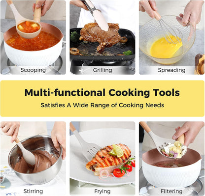 Hvygss Kitchen Utensils Set with Wooden Handle, 26 Pieces Heat Resistance Silicone Cooking Utensils Set with Holder, Food Grade Non-Stick Silicone Spatula, Kitchen Set for Cooking (Khaki)