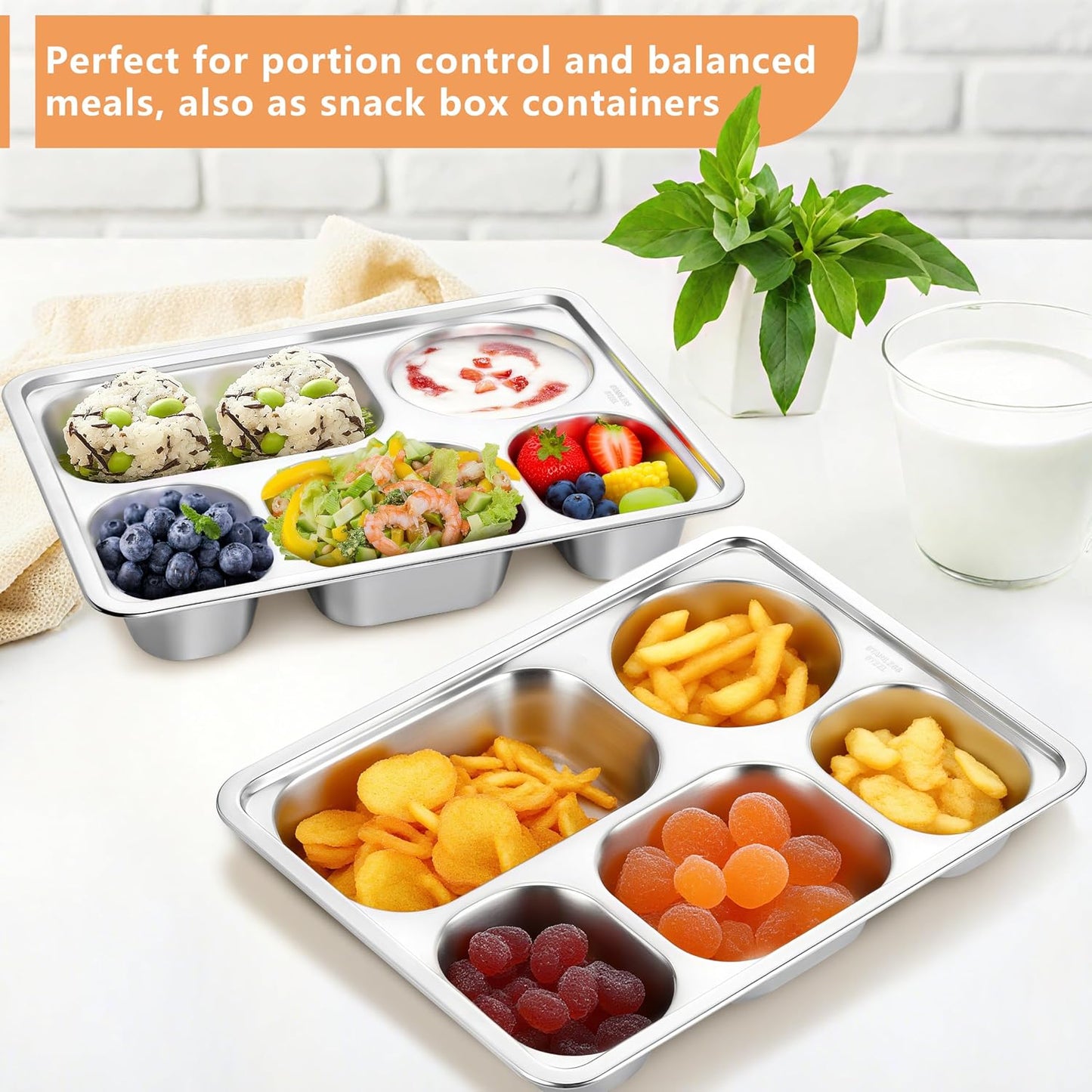 HaWare Toddler Stainless Steel Divided Plates Tray with 5-Compartment, Kids Adults Control Dinner Plates for Lunch Camping Dinner, Stackable Reusable Serving Platter, 2-Pack