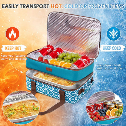Double Layer Insulated Casserole Carrier, Fits 9" x 13" Baking Dish, Food Transport Carrier with Utensil Pocket for Hot & Cold Dishes, Reusable Potluck Tote for Thanksgiving, Parties&Family Gatherings