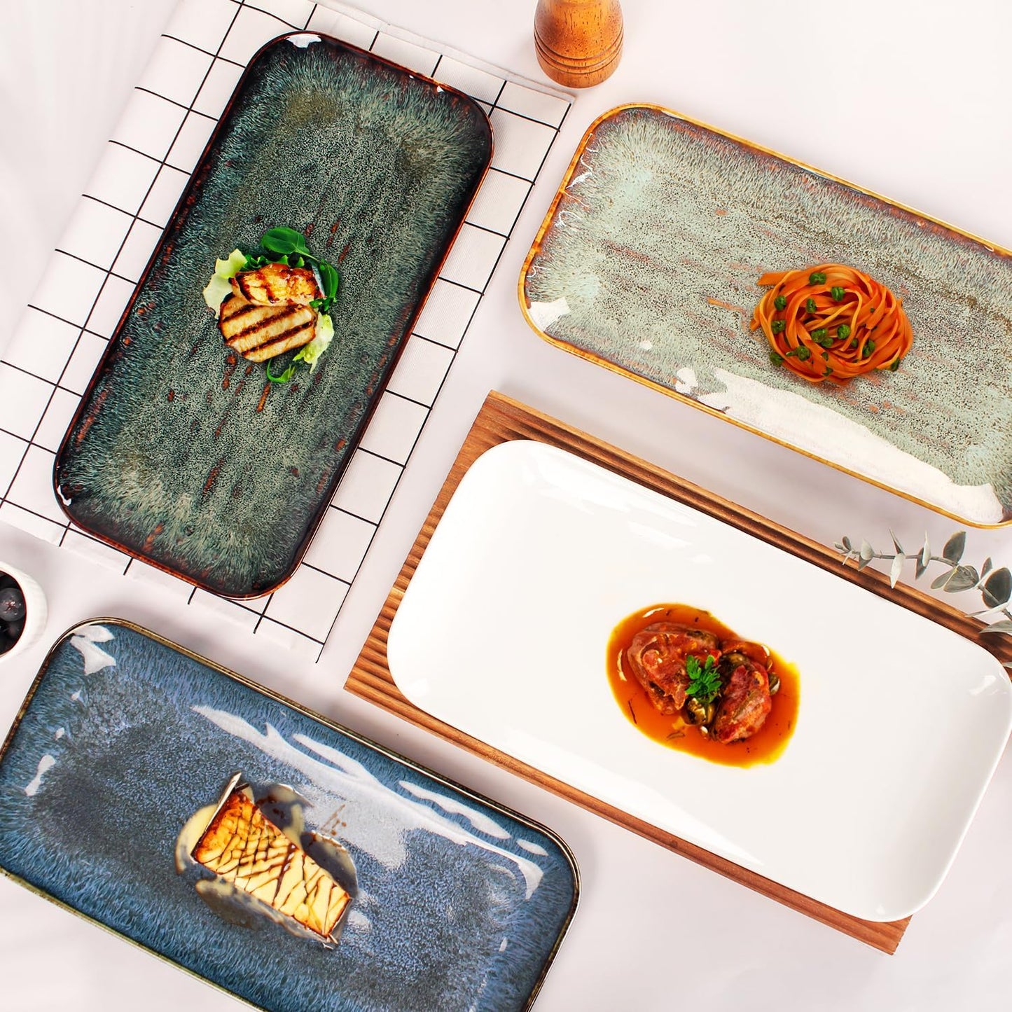 Porcelain Plate Set Large Serving Tray Set of 4, Reusable Serving Platters for Party Food, Cookie, Appetizer, Charcuterie, Snack, Dessert Display,Stackable Kitchen Dish 14.4 INCH