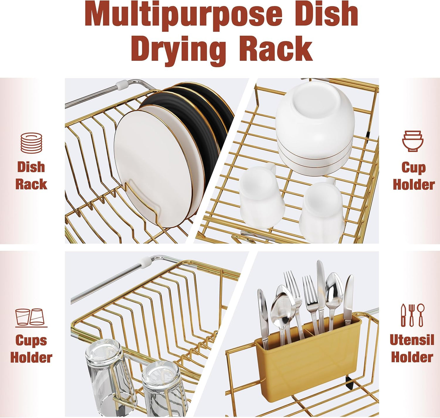 JASIWAY Dish Drying Rack in Sink, Expandable Stainless Steel Dish Drainers for Kitchen Counter, Dish Dryer Rack for Inside Sink, Over The Sink Dish Racks with Utensil Holder, Silver