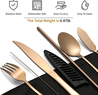 Camping Cutlery Set: Premium Portable Silverware Set with Case for Lunch Box, Travel, and Work Durable, Eco-Friendly, and Compact Utensils Including Fork, Spoon, and Knife for Adults on the Go