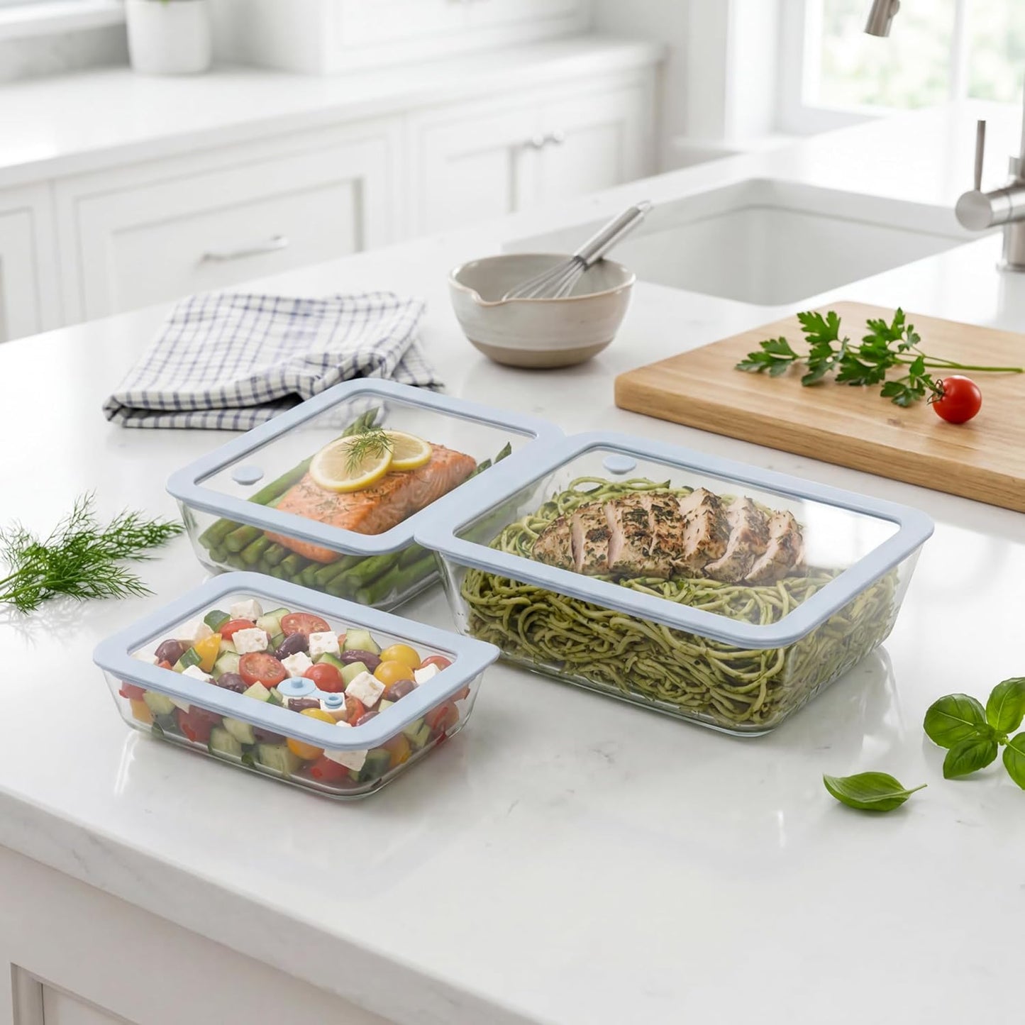 Urban Green Glass Food Container Set with Glass Lid, 5 Pack, Meal Prep Containers with Silicone Framed Airtight Lid, Leakproof, 100% Plastic Free