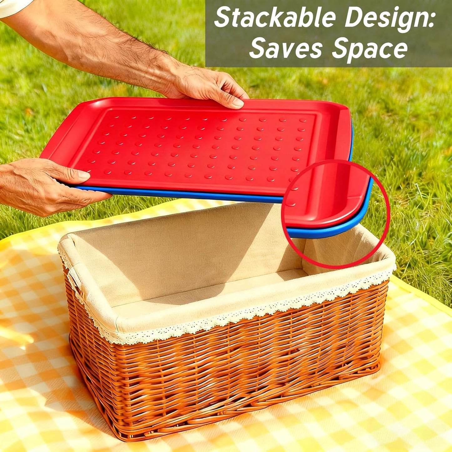 17 Inch Grilling Prep & Serve Trays with Non-Slip Base, Extra Thick,Warp-Resistant BBQ Platter Set for Cooking, Backyard Parties,Camping,Tailgating,Melamine Serving Trays for Food Prep,Red & Black
