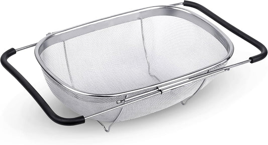 Alpine Cuisine Stainless Steel Over the Sink Colander Strainer 14x9.5 In with Expandable Handle Food Preparation | Space-Saving Kitchen Tools for Pasta Vegetables Fruits Cooking | Easy to Clean & Use