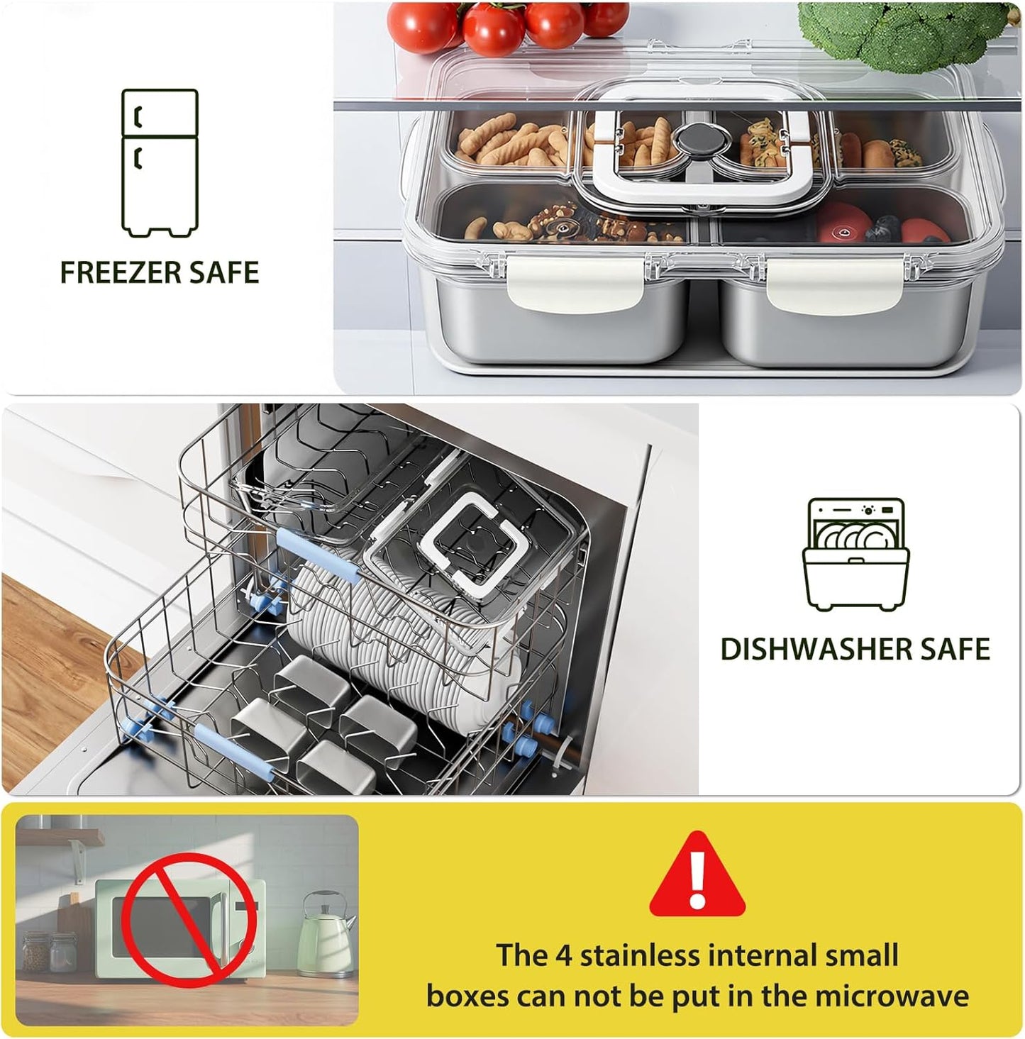 Snackle Box Container, Stainless Steel Divided Serving Tray with Lid and Handle, 8 Compartment Portable Snack Platters - Clear Storage Organizer for Fruit Candy Nuts Veggie - Perfect for Travel Party