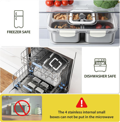 Snackle Box Container, Stainless Steel Divided Serving Tray with Lid and Handle, 8 Compartment Portable Snack Platters - Clear Storage Organizer for Fruit Candy Nuts Veggie - Perfect for Travel Party