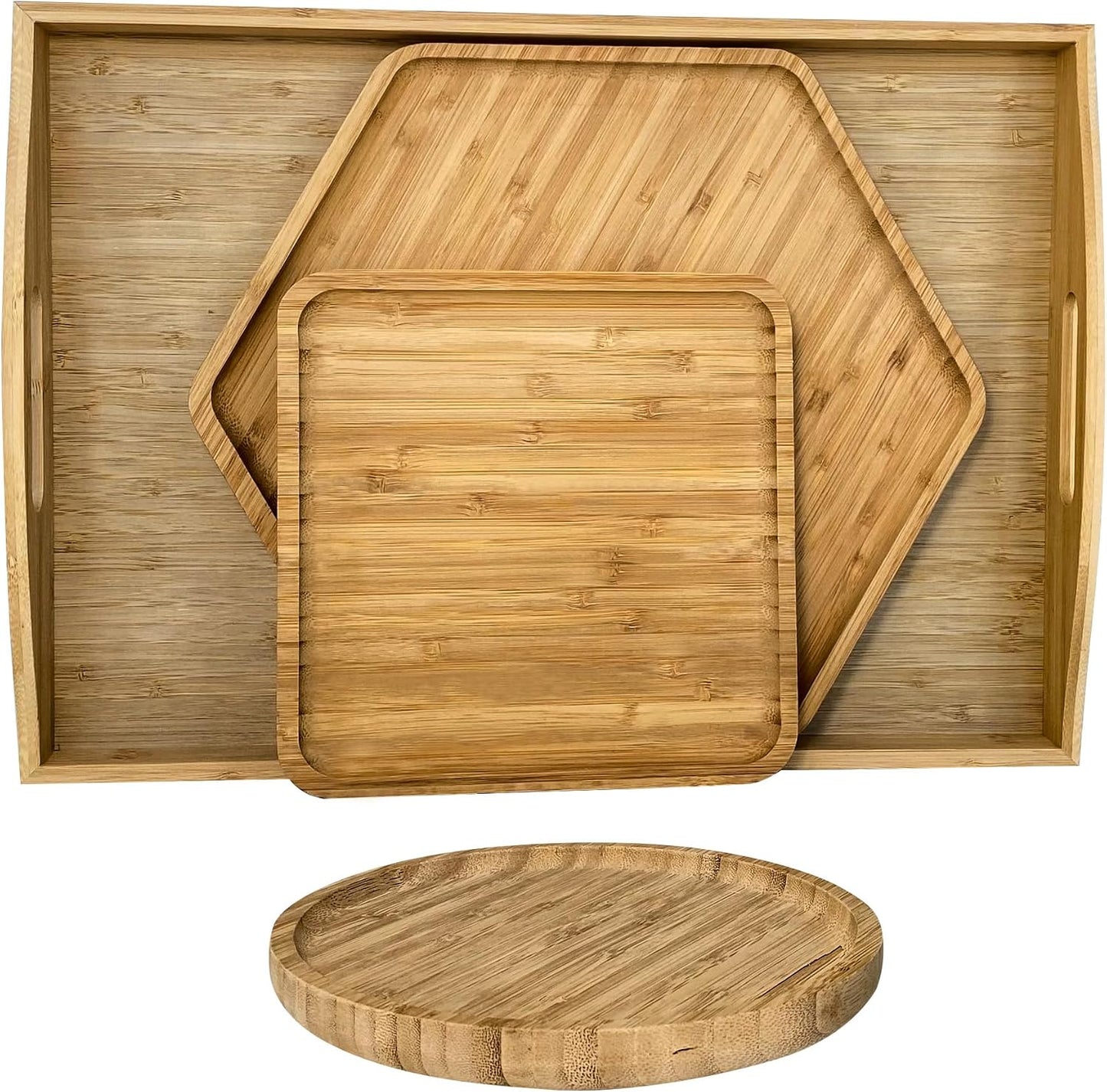 Bamboo Serving Trays Charcuterie Platter 16.5"x11.8"（42x30cm with Handle, Set Includes 1xHexagon 12.5"(32cm)+1xSquare 7.8"(20cm)+1xSquare 5.9"(15cm) Small Plates for Family Dinner