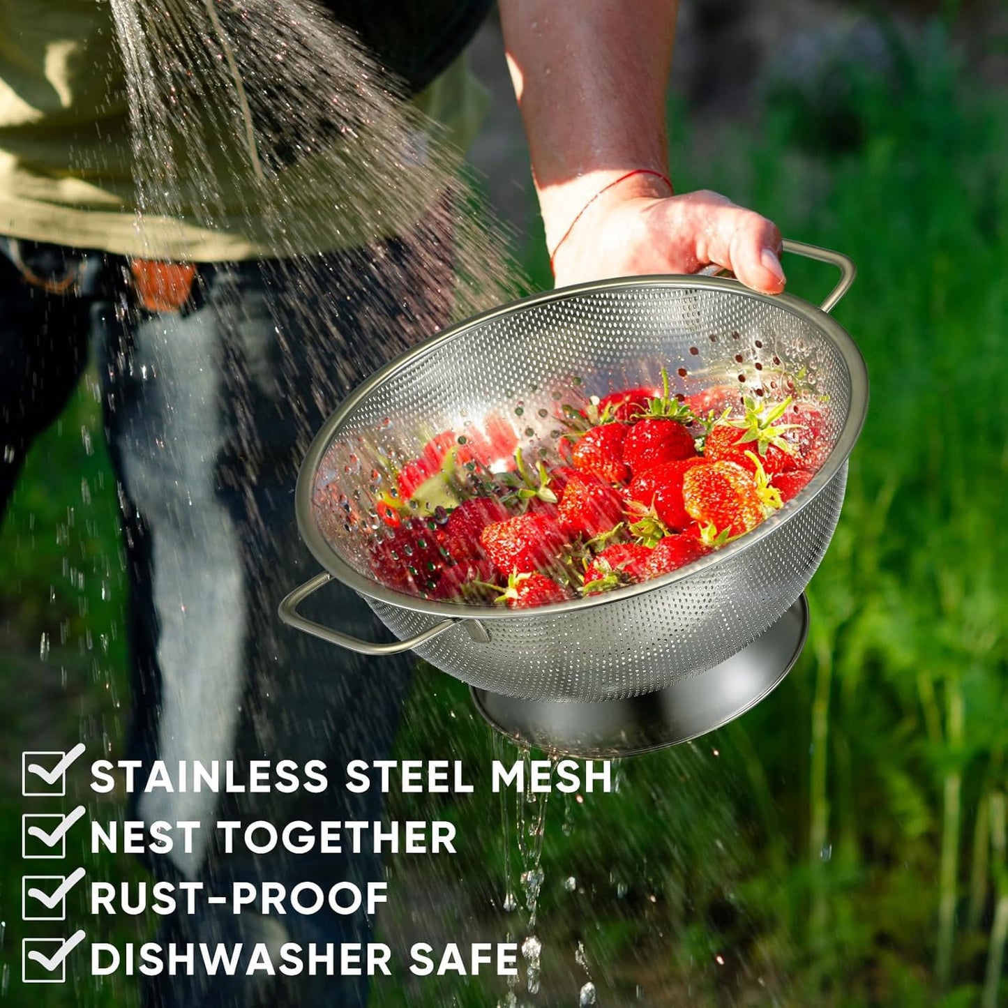 Bokon 3 Pcs Stainless Steel Colander Set Colander Bowl and Sieves 1/3/5 Quart Metal Mesh Strainer Net Basket with Handles Food Spaghetti Strainer for Kitchen Draining Pasta Rinsing(Gold)