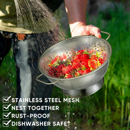 Bokon 3 Pcs Stainless Steel Colander Set Colander Bowl and Sieves 1/3/5 Quart Metal Mesh Strainer Net Basket with Handles Food Spaghetti Strainer for Kitchen Draining Pasta Rinsing(Gold)