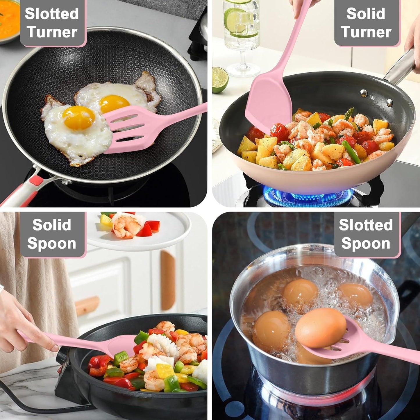 P&P CHEF Kitchen Utensil Set, 4 Pieces Non-stick Silicone Cooking Utensils, Heat-resistant Slotted Solid Spoon Turner for Frying, Mixing, Serving, Non-toxic & Easy to Clean, Blue