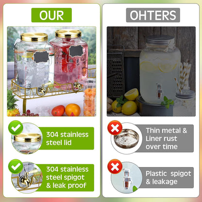 Lallisa 3 Pcs 2 Gallon Glass Drink Dispenser with Stand and Lid Mason Jar Beverage Dispenser with Stainless Steel Spigot, Hanging Chalkboard Signs, Fruit Infuse, Ice Cylinder, Liquid Pen (Black)