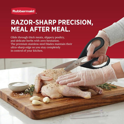 Rubbermaid Kitchen Scissors All Purpose Heavy Duty, Stainless Steel Kitchen Shears with Protective Sheath, Dishwasher Safe Kitchen Scissors for Food, Meat, Poultry & Herbs, Comfort Grip, Black