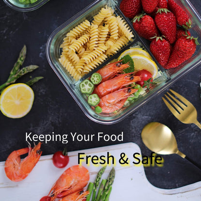 Bayco 8 Pack Glass Meal Prep Containers 3 Compartment, Glass Food Storage Containers with Lids, Airtight Lunch Bento Boxes, Leak Proof (8 lids & 8 Container) - Grey