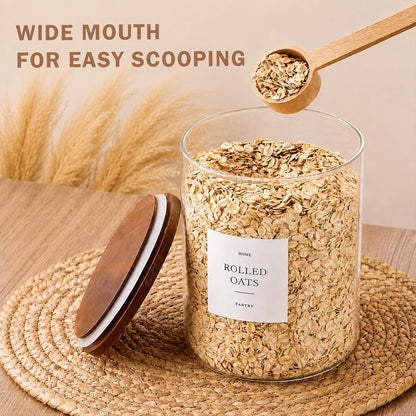 2 Pack Glass Rice Containers with Acacia Wood Lids, 70oz Airtight Flour and Sugar Jars with 105 Labels, Large Glass Pantry Storage Jars for Cereal, Protein Powder, Cookies, Dry Food