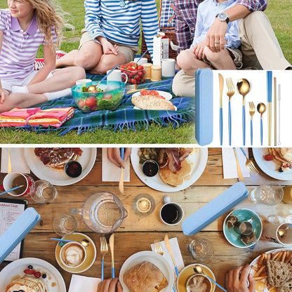 AARAINBOW 8 Pieces Stainless Steel Flatware Set Portable Reusable Cutlery Set Travel Utensils Set Including Chopsticks Knife Fork Spoon Straws Cleaning Brush Dishwasher Safe (Pink Golden)
