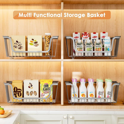 4 Pack Stackable Wire Baskets with Handles for Pantry Organizers and Storage, Fruit and Vegetable wire storage baskets, Potato and Onion Storage Bin, Metal Baskets for Organizing Snacks, Cans (White)
