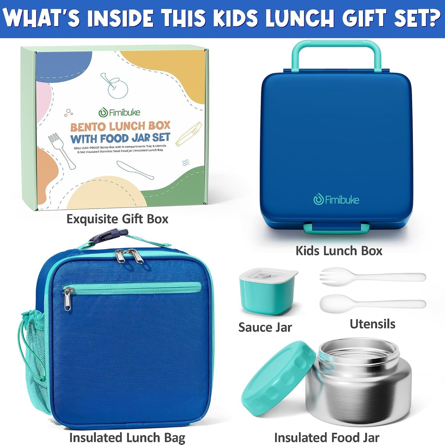 Fimibuke Kids Bento Lunch Box with Thermo, Leakproof Toddler Bento Box with 8.5OZ Insulated Food Jar, Lunch Bag & Utensils BPA Free Dishwasher Safe 3 or 4 Compartment Container for School Girls Boys