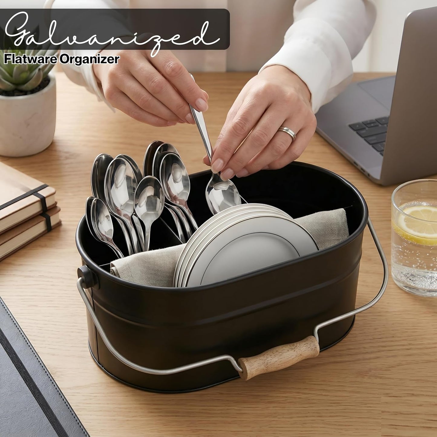 Alpha Living Home Galvanized Metal Utensil Caddy - Rustic Farmhouse Organizer Metal Garden Caddy with 4 Compartments and Wooden Handle for Kitchen, Buffet & Outdoor Events (Silver)