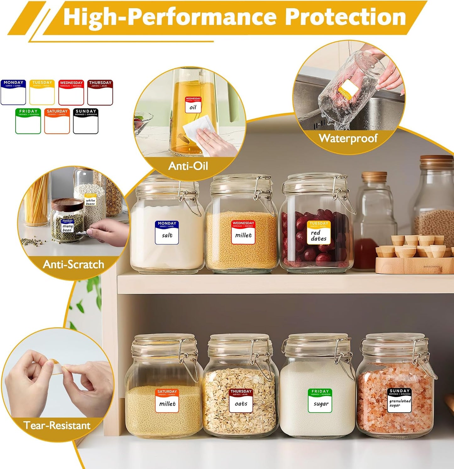 1680 Pcs 1" Square Day of The Week Labels, Removable & Writable Food Stickers in English/Español/Français for Restaurant Kitchen Containers and Inventory Management (Inches, 1 x 1)