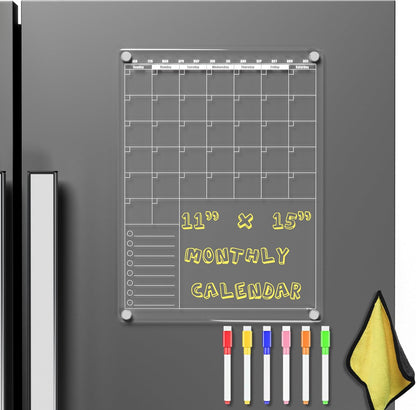 Acrylic Magnetic Dry Erase Calendar for Fridge Clear 37 * 27cm Vertical Weekly Meal Planner Menu Erasable Whiteboard Planning Board White 15" x 11" in/ 6 Color Wet Erase Marker