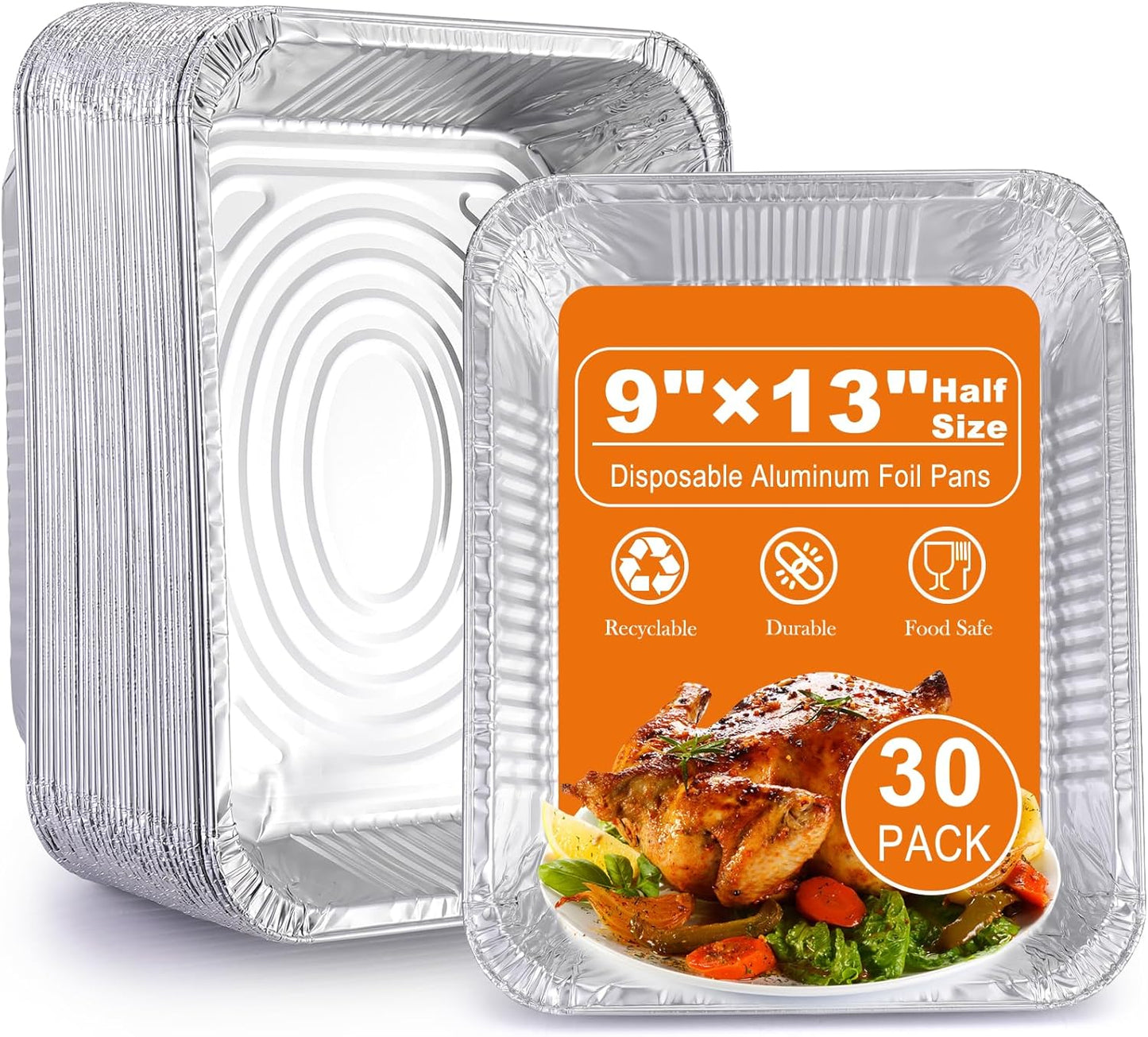 Aluminum Foil Pans 9x13 Disposable – 30 Pack Half Size Aluminum Foil Heavy Duty deep Steam Table Pan, Tin foil Turkey Sheets Tray Chafing Grill Accessories for Cooking, Baking, Storing, Food Prepping