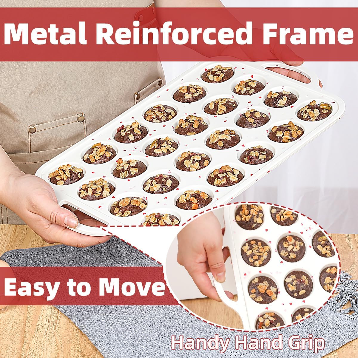 CAKETIME Mini Muffin Pan, Metal Reinforced Frame Mini Cupcake Pans 24 Cups Nonstick Muffin Silicone Molds with Handle for Baking Muffins, Cupcakes, Egg Bites 2 Pack