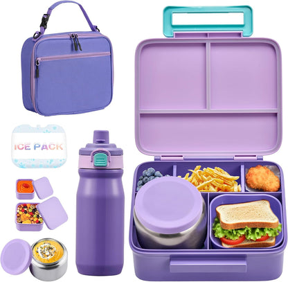 Bento Lunch Box for Kids with 8oz Soup Thermo, Leak-proof Lunch Food Containers with 5 Compartment, Insulated Lunch Bag & 17oz Stainless Steel Water Bottle for School, Trvael