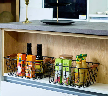 JUNCHU CHERRY Wire Kitchen Storage Basket 4 Packs,Perfect Pantry Organization Accessories Baskets,Laundry Basket,With a Wooden handle,Suitable for Kitchen,Bathroom,Bedroom,Tabletop,Stackable,Black