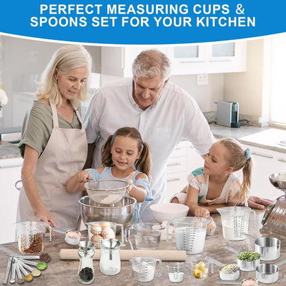 Measuring Cups and Spoons Set 21 Piece, 11 Stainless Steel Nesting Measuring Spoons and Cups with 3 Plastic Measuring Cup, 3 Funnel, 3 Brush, 1 Ruler, Measuring Cup Set for Kitchen Baking Liquid Dry