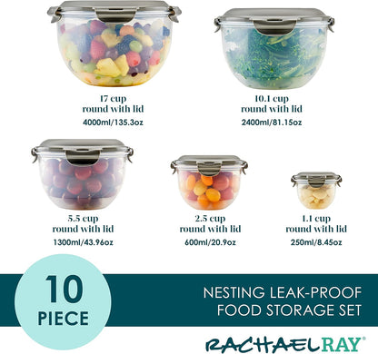 Rachael Ray Leak-Proof Nestable Container Food Storage Bin Set, 10-Piece, Clear with Teal Lids