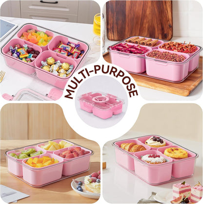 Snackle Box Container,2 Pack Divided Clear Snack Box Serving Tray with Lid and Handle,Charcuterie Board with Lid, Snack Organizer for Beach Picnic, Refrigerator Fresh, Party, Holidays and Travel